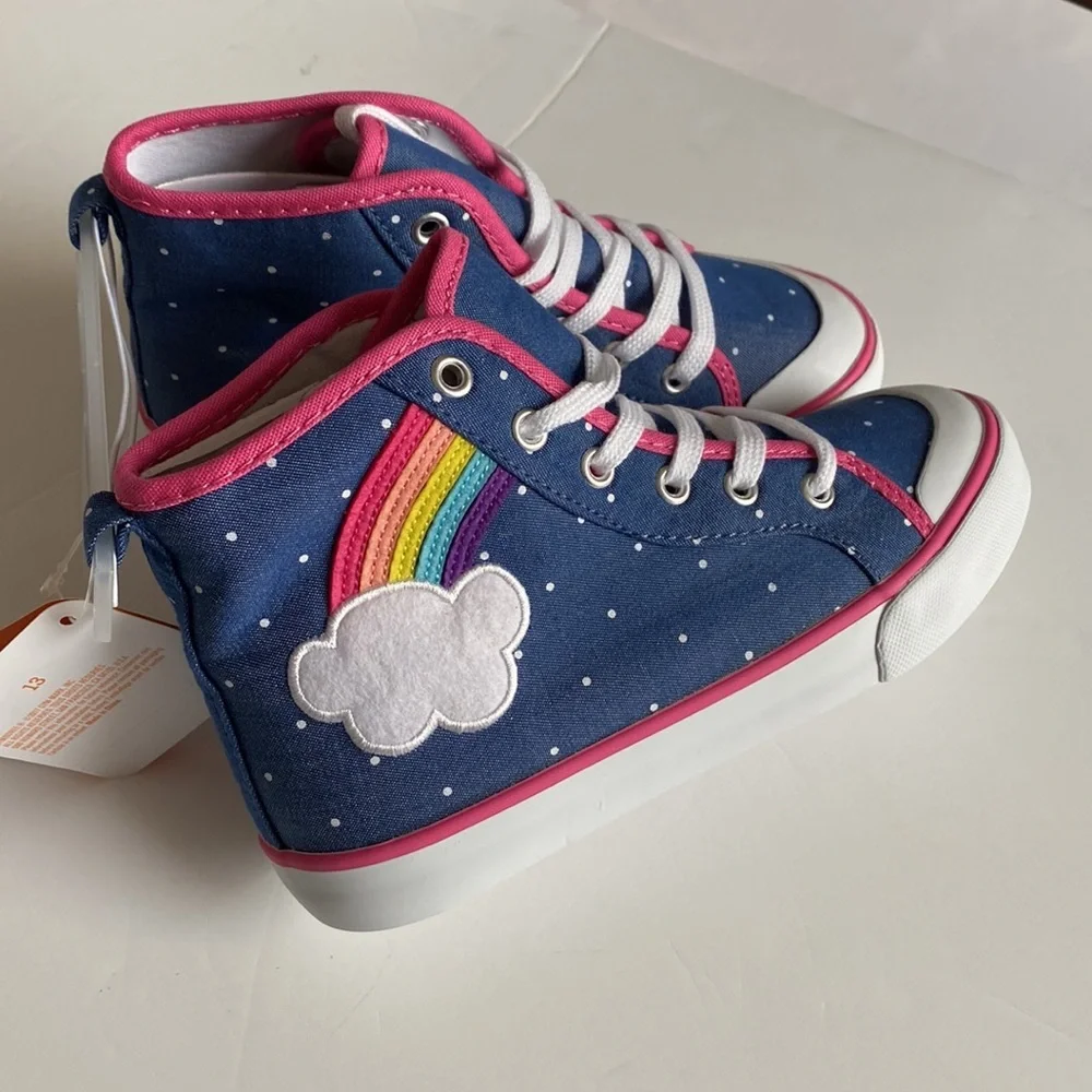 👉 GYMBOREE Toddler Girls Hi-Top Sneakers Denim Blue/Rainbow Size 1 NWT